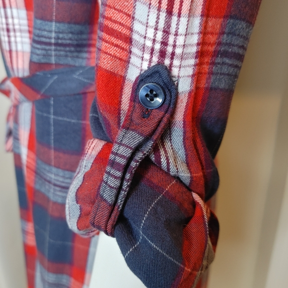 BANANA REPUBLIC PLAID FLANNEL BELTED SHIRT DRESS, PLAID RED 4 - Picture 9 of 12